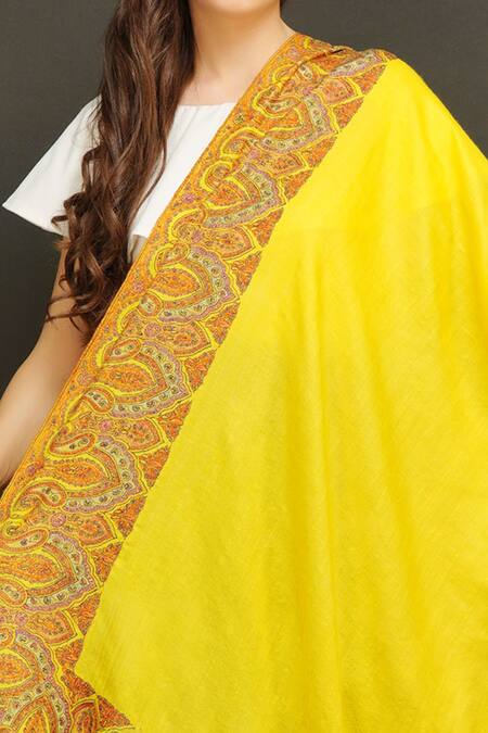 Buy_Dusala_Yellow Embroidered Handwoven Pashmina Sozni Border Shawl_Online_at_Aza_Fashions