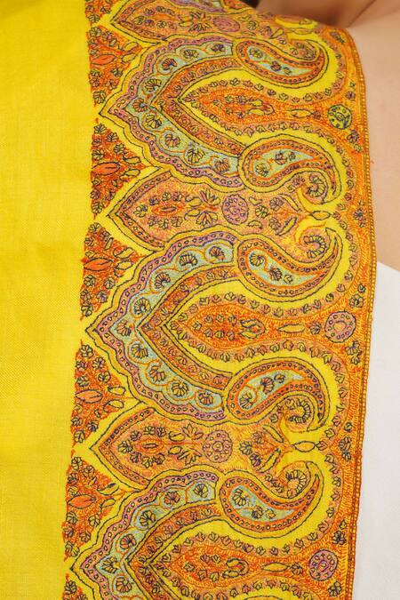 Shop_Dusala_Yellow Embroidered Handwoven Pashmina Sozni Border Shawl_Online_at_Aza_Fashions