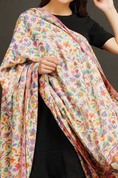 Buy_Dusala_White Handwoven Pure Kani Pashmina Shawl_Online_at_Aza_Fashions