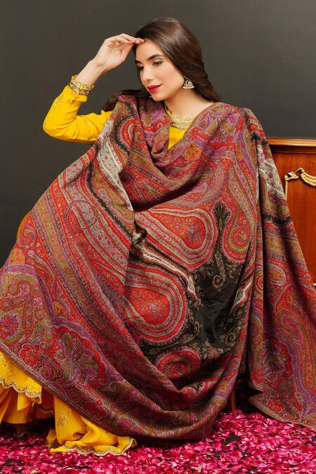 Shop Dusala Multi Color Handwoven Pashmina Antique Kashmiri Shawl at Aza Fashions Shop_Dusala_Multi Color Handwoven Pashmina Antique Kashmiri Shawl_at_Aza_Fashions