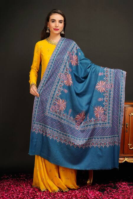 Buy Blue Embroidered Pashmina Handwoven Sozni Work Shawl by DUSALA ...