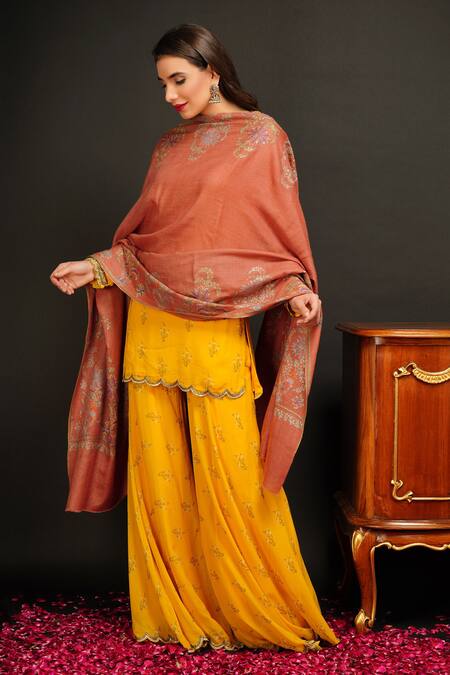 Dusala_Orange Embroidered Pashmina Handwoven Phulkari Shawl_Online_at_Aza_Fashions