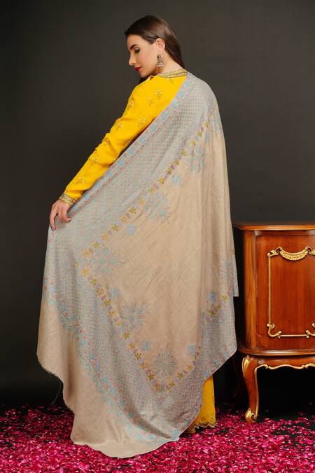 Shop_Dusala_Blue Embroidered Pashmina Handwoven Phulkari Shawl_at_Aza_Fashions