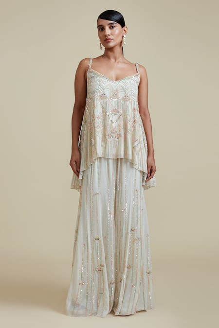 Shop_Varun Nidhika_Ivory Georgette Chessboard V Neck Embroidered Top And Pant Set _Online_at_Aza_Fashions