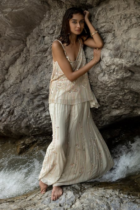 Varun Nidhika Chessboard Embroidered Top & Pant Set 