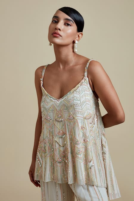 Varun Nidhika_Ivory Georgette Chessboard V Neck Embroidered Top And Pant Set _at_Aza_Fashions