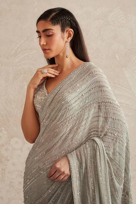 Shop_Varun Nidhika_Grey Chiffon Folklore Line V Neck Embroidered Saree With Blouse _Online_at_Aza_Fashions