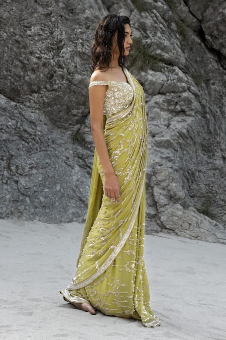 Varun Nidhika Stripe Ikkat Embroidered Saree With Blouse 