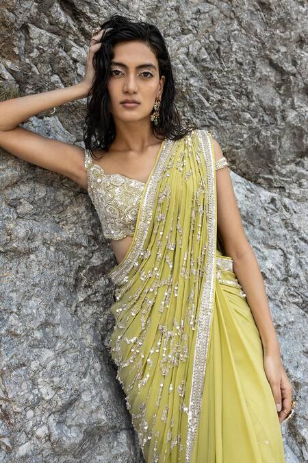 Buy_Varun Nidhika_Green Chiffon Stripe Ikkat Sweetheart Neck Embroidered Saree With Blouse _Online_at_Aza_Fashions