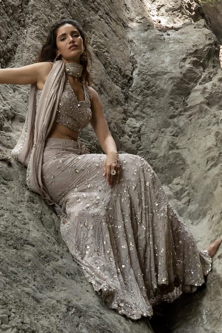 Varun Nidhika Converge Floral Embroidered Pre-Draped Saree Set 