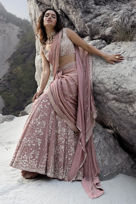 Varun Nidhika Converge Floral Embroidered Pre-Draped Saree Set 