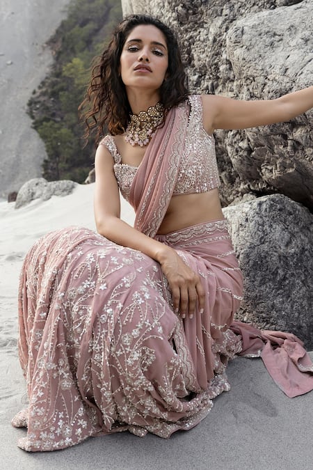Buy_Varun Nidhika_Pink Chiffon Converge Floral Wide Sweetheart Embroidered Pre-draped Saree Set _Online_at_Aza_Fashions
