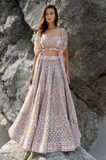 Shop_Varun Nidhika_Purple Silk Organza Ornamental Lattice Cape Open Embroidered Lehenga And Set _at_Aza_Fashions