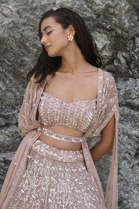 Varun Nidhika_Purple Silk Organza Ornamental Lattice Cape Open Embroidered Lehenga And Set _Online_at_Aza_Fashions