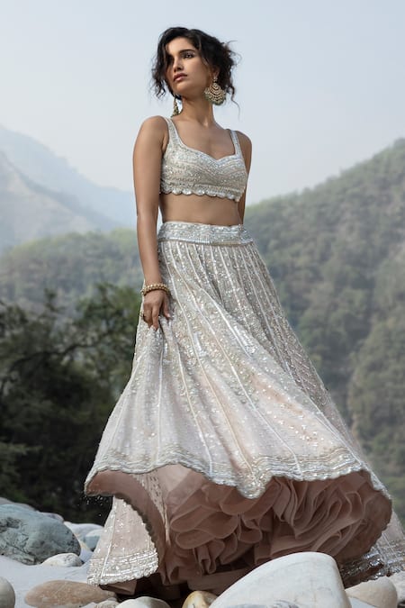 Varun Nidhika Grid Floral Embroidered Bridal Lehenga Set 