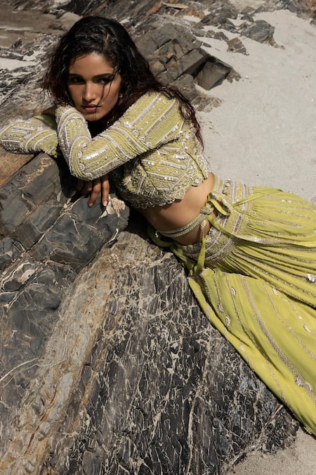 Varun Nidhika_Green Georgette Mirror, Sequins And Pearls V Neck Embroidered Bridal Lehenga Set _Online_at_Aza_Fashions