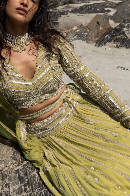 Buy_Varun Nidhika_Green Georgette Mirror, Sequins And Pearls V Neck Embroidered Bridal Lehenga Set _Online_at_Aza_Fashions