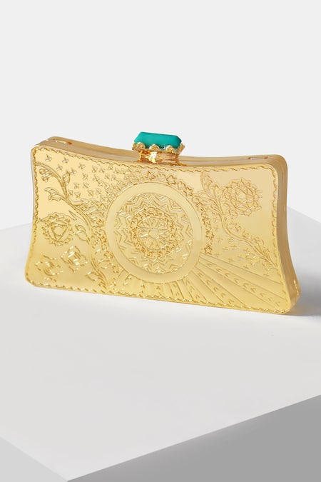 Buy Gold Daria Carved Clutch With Strap by Jade by Monica and Karishma  Online at Aza Fashions.