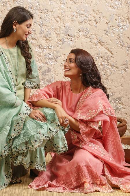 Shop_Naaz By Noor_Pink Cotton, Organza, Chanderi Scallop Round Kurta Set With Embroidered Dupatta _Online_at_Aza_Fashions