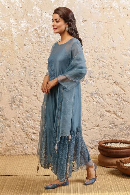 Naaz By Noor Blue Cotton, Organza, Chanderi Floral, Sequin Round Embroidered Kurta Set Online at Aza Fashions Naaz By Noor_Blue Cotton, Organza, Chanderi Floral, Sequin Round Embroidered Kurta Set _Online_at_Aza_Fashions