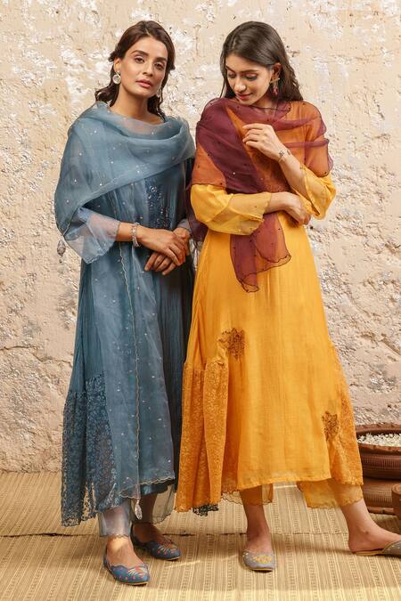 Buy Naaz By Noor Blue Cotton, Organza, Chanderi Floral, Sequin Round Embroidered Kurta Set Online at Aza Fashions Buy_Naaz By Noor_Blue Cotton, Organza, Chanderi Floral, Sequin Round Embroidered Kurta Set _Online_at_Aza_Fashions