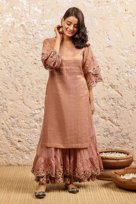 Naaz By Noor_Pink Cotton, Organza, Chanderi Floral Round Neck Kurta Sharara Set _Online_at_Aza_Fashions
