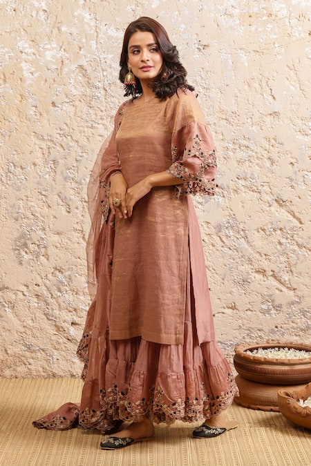 Naaz By Noor Pink Cotton, Organza, Chanderi Floral Round Neck Kurta Sharara Set 