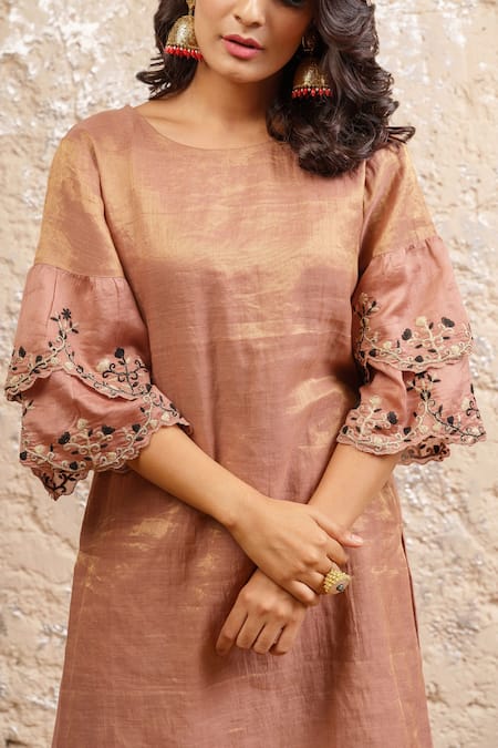 Shop_Naaz By Noor_Pink Cotton, Organza, Chanderi Floral Round Neck Kurta Sharara Set _Online_at_Aza_Fashions