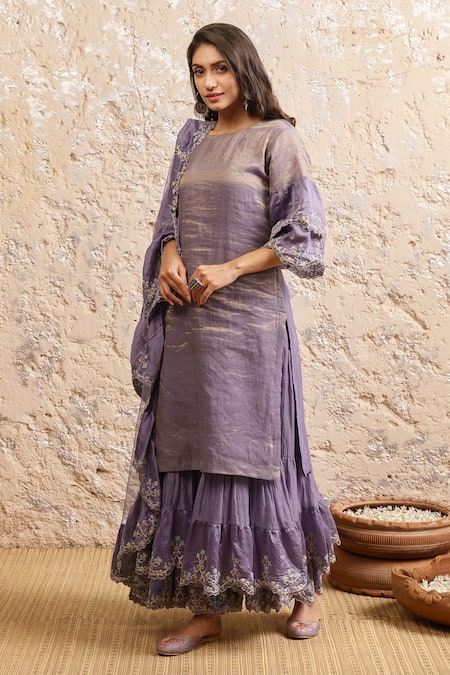 Shop Naaz By Noor Purple Cotton, Organza, Chanderi, Dupatta Nylon Mesh Neck Kurta Sharara Set at Aza Fashions Shop_Naaz By Noor_Purple Cotton, Organza, Chanderi, Dupatta Nylon Mesh Neck Kurta Sharara Set _at_Aza_Fashions