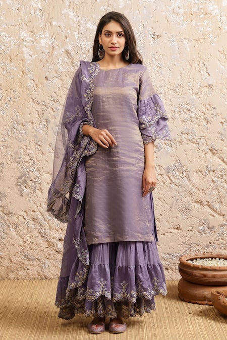 Naaz By Noor Purple Cotton, Organza, Chanderi, Dupatta Nylon Mesh Neck Kurta Sharara Set Online at Aza Fashions Naaz By Noor_Purple Cotton, Organza, Chanderi, Dupatta Nylon Mesh Neck Kurta Sharara Set _Online_at_Aza_Fashions