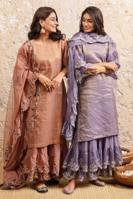Buy Naaz By Noor Purple Cotton, Organza, Chanderi, Dupatta Nylon Mesh Neck Kurta Sharara Set Online at Aza Fashions Buy_Naaz By Noor_Purple Cotton, Organza, Chanderi, Dupatta Nylon Mesh Neck Kurta Sharara Set _Online_at_Aza_Fashions