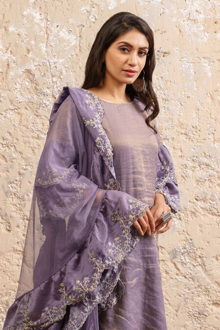 Naaz By Noor Purple Cotton, Organza, Chanderi, Dupatta Nylon Mesh Neck Kurta Sharara Set at Aza Fashions Naaz By Noor_Purple Cotton, Organza, Chanderi, Dupatta Nylon Mesh Neck Kurta Sharara Set _at_Aza_Fashions