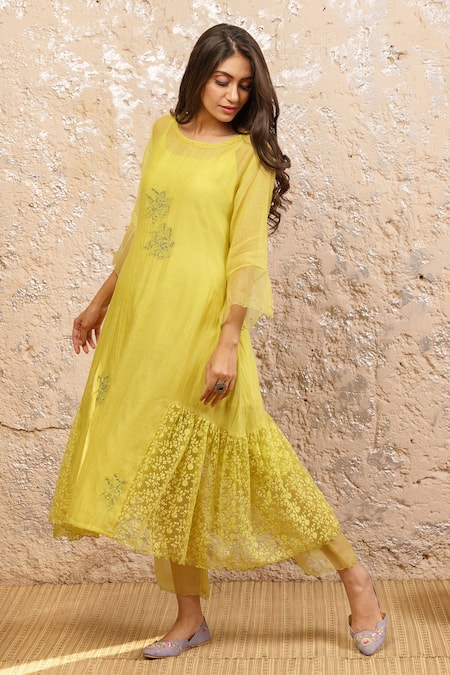 Shop_Naaz By Noor_Green Cotton, Organza, Chanderi Floral Print Round Neck Work Kurta Pant Set _at_Aza_Fashions