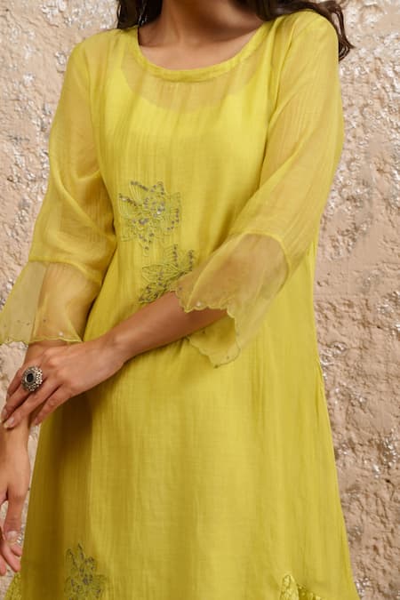 Naaz By Noor_Green Cotton, Organza, Chanderi Floral Print Round Neck Work Kurta Pant Set _at_Aza_Fashions