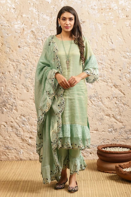 Naaz By Noor Green Cotton, Organza, Chanderi Plain Round Sleeve Embroidered Kurta Set 
