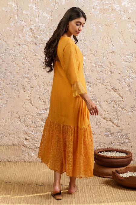 Shop_Naaz By Noor_Yellow Cotton, Organza, Chanderi Floral Round Embroidered Kurta Set _at_Aza_Fashions