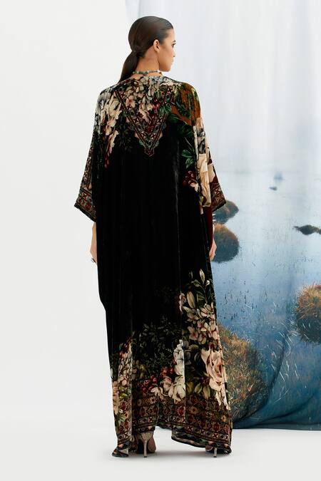 Shop Rajdeep Ranawat Black Silk Velvet Floral V Neck Imama Printed Kaftan at Aza Fashions Shop_Rajdeep Ranawat_Black Silk Velvet Floral V Neck Imama Printed Kaftan_at_Aza_Fashions
