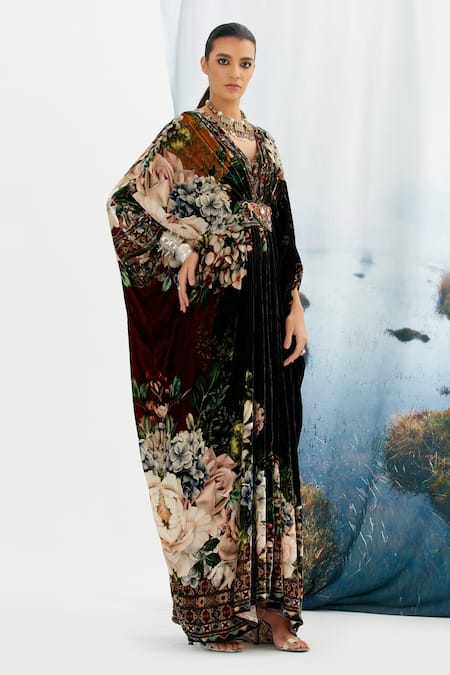 Rajdeep Ranawat Black Silk Velvet Floral V Neck Imama Printed Kaftan Online at Aza Fashions Rajdeep Ranawat_Black Silk Velvet Floral V Neck Imama Printed Kaftan_Online_at_Aza_Fashions