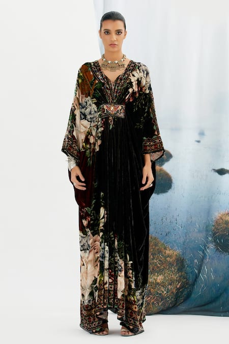 Buy Rajdeep Ranawat Black Silk Velvet Floral V Neck Imama Printed Kaftan Online at Aza Fashions Buy_Rajdeep Ranawat_Black Silk Velvet Floral V Neck Imama Printed Kaftan_Online_at_Aza_Fashions