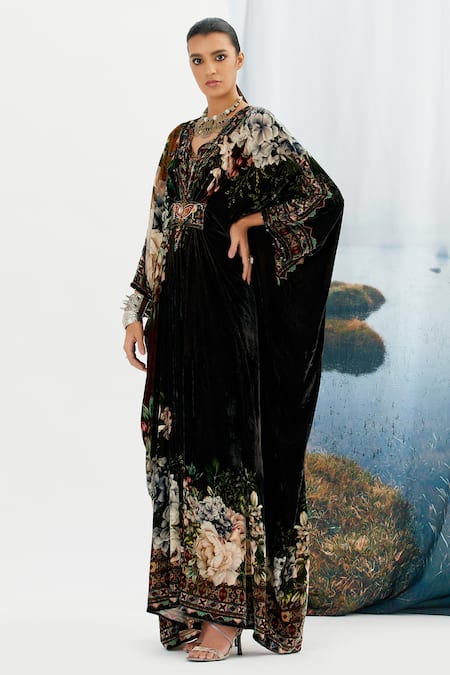 Shop Rajdeep Ranawat Black Silk Velvet Floral V Neck Imama Printed Kaftan Online at Aza Fashions Shop_Rajdeep Ranawat_Black Silk Velvet Floral V Neck Imama Printed Kaftan_Online_at_Aza_Fashions
