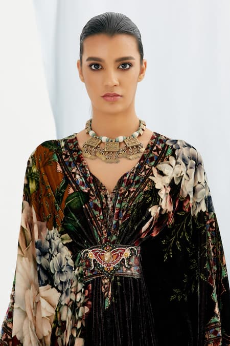 Rajdeep Ranawat Black Silk Velvet Floral V Neck Imama Printed Kaftan at Aza Fashions Rajdeep Ranawat_Black Silk Velvet Floral V Neck Imama Printed Kaftan_at_Aza_Fashions