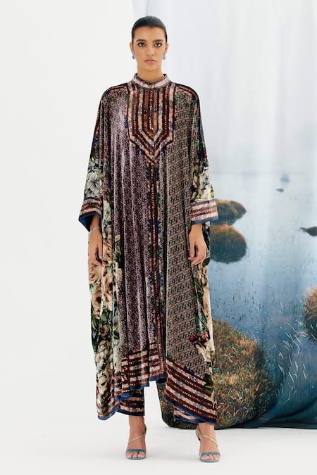 Shop Rajdeep Ranawat Multi Color Silk Velvet Floral Band Collar Dakota Kaftan Tunic And Pant Set at Aza Fashions Shop_Rajdeep Ranawat_Multi Color Silk Velvet Floral Band Collar Dakota Kaftan Tunic And Pant Set _at_Aza_Fashions