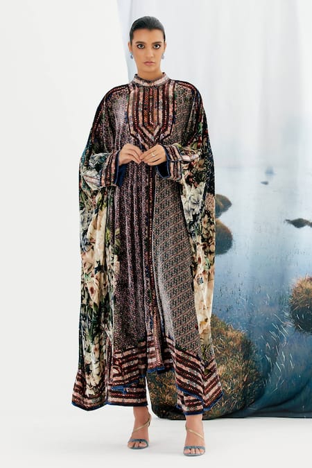 Buy Rajdeep Ranawat Multi Color Silk Velvet Floral Band Collar Dakota Kaftan Tunic And Pant Set Online at Aza Fashions Buy_Rajdeep Ranawat_Multi Color Silk Velvet Floral Band Collar Dakota Kaftan Tunic And Pant Set _Online_at_Aza_Fashions