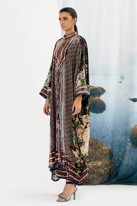 Shop Rajdeep Ranawat Multi Color Silk Velvet Floral Band Collar Dakota Kaftan Tunic And Pant Set Online at Aza Fashions Shop_Rajdeep Ranawat_Multi Color Silk Velvet Floral Band Collar Dakota Kaftan Tunic And Pant Set _Online_at_Aza_Fashions