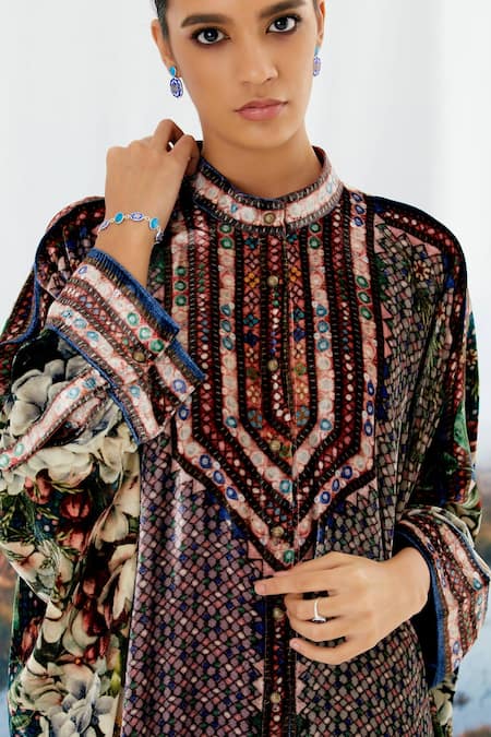 Rajdeep Ranawat Multi Color Silk Velvet Floral Band Collar Dakota Kaftan Tunic And Pant Set at Aza Fashions Rajdeep Ranawat_Multi Color Silk Velvet Floral Band Collar Dakota Kaftan Tunic And Pant Set _at_Aza_Fashions