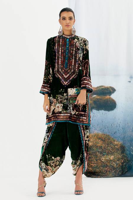 Buy Rajdeep Ranawat Green Silk Velvet Floral Sonth Dhoti Pant Online at Aza Fashions Buy_Rajdeep Ranawat_Green Silk Velvet Floral Sonth Dhoti Pant _Online_at_Aza_Fashions