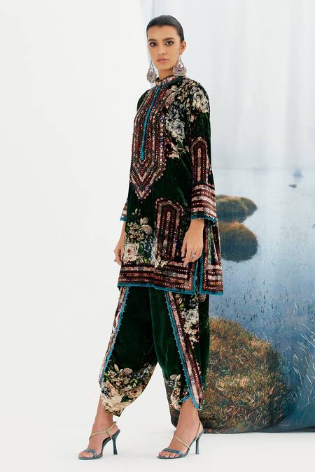 Shop Rajdeep Ranawat Green Silk Velvet Floral Sonth Dhoti Pant Online at Aza Fashions Shop_Rajdeep Ranawat_Green Silk Velvet Floral Sonth Dhoti Pant _Online_at_Aza_Fashions