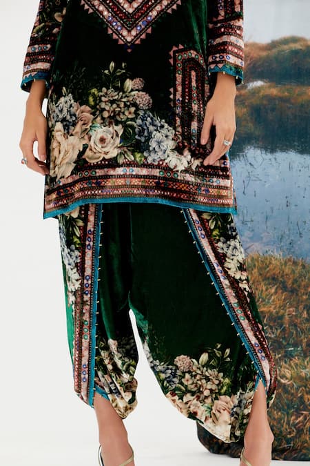 Rajdeep Ranawat Green Silk Velvet Floral Sonth Dhoti Pant at Aza Fashions Rajdeep Ranawat_Green Silk Velvet Floral Sonth Dhoti Pant _at_Aza_Fashions