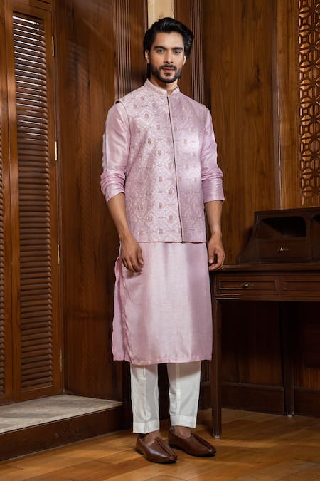 Darshika Menswear Purple Silk Chanderi Embroidered Paisley Pattern Jaal Work Bundi Kurta Set