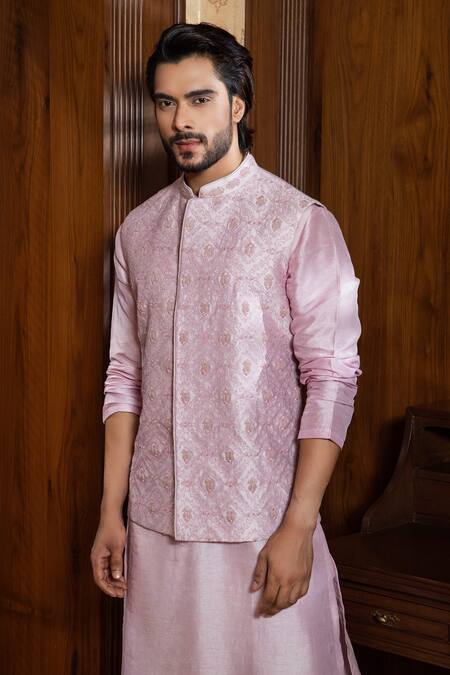 Darshika Menswear Purple Silk Chanderi Paisley Pattern Jaal Work Bundi Kurta Set Online at Aza Fashions Darshika Menswear_Purple Silk Chanderi Paisley Pattern Jaal Work Bundi Kurta Set _Online_at_Aza_Fashions